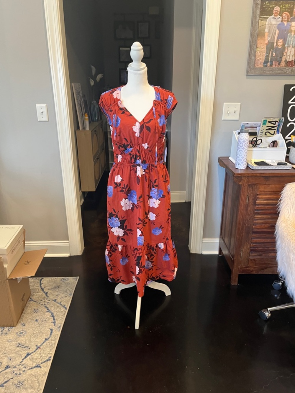 Floral V-Neck Red Midi Dress with Blue Accents